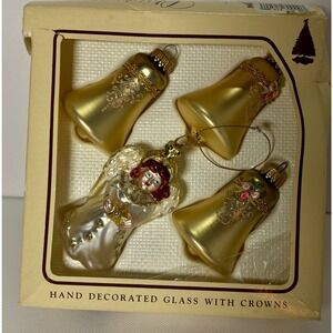Vintage Christmas by Krebs Glass Ornaments Angel Gold Bells Hand Decorated Set